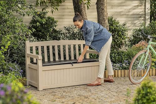 Keter Eden Bench 265L Outdoor 60% recycled Garden Furniture Storage Box Beige & Brown Wood Panel Effect