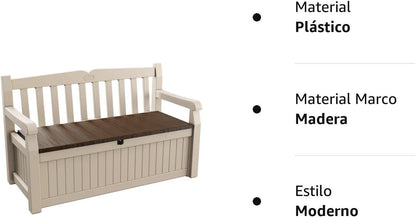 Keter Eden Bench 265L Outdoor 60% recycled Garden Furniture Storage Box Beige & Brown Wood Panel Effect